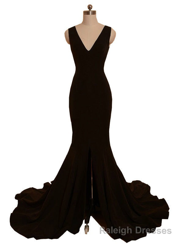 Mermaid V Neck Front Slit Backless Women Black Prom Dress Main image