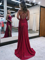 Mermaid V Neck Glitter Jersey Long Prom Dress with Slit