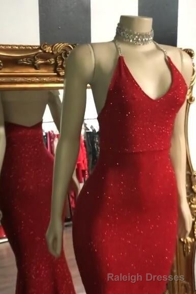 Mermaid V Neck Halter Floor Length Ruffle Hem Paillette Prom Dress