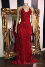 Mermaid V Neck Halter Floor Length Ruffle Hem Paillette Prom Dress