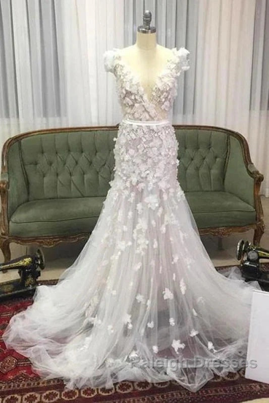 Mermaid V Neck Hand Made Flowers Tulle Wedding Dress