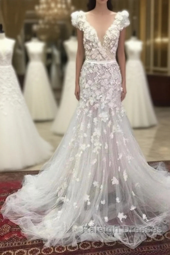Mermaid V Neck Hand Made Flowers Tulle Wedding Dress Main image