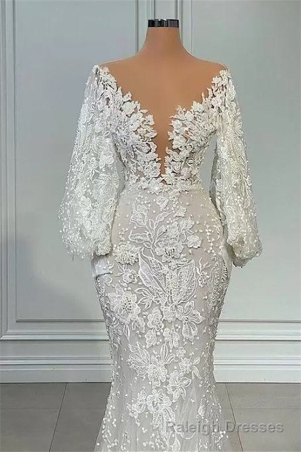 Mermaid V-neck Lace Floor-length Long Sleeve Applique Beaded Wedding Dress Secondary image