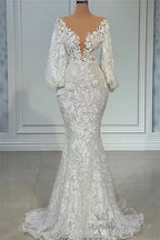 Mermaid V Neck Lace Floor Length Long Sleeve Applique Beaded Wedding Dress