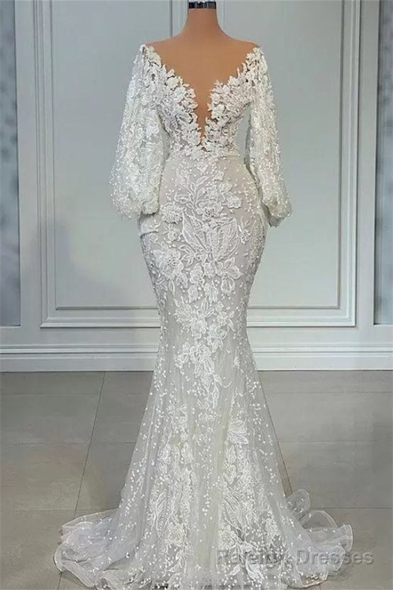 Mermaid V Neck Lace Floor Length Long Sleeve Applique Beaded Wedding Dress