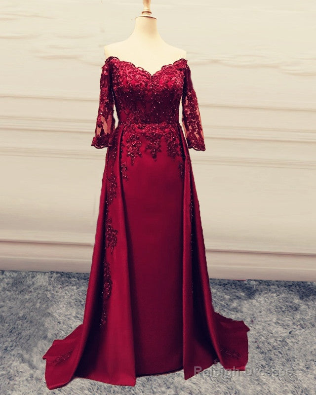 Mermaid V Neck Lace Sleeved Prom Dresses Off The Shoulder