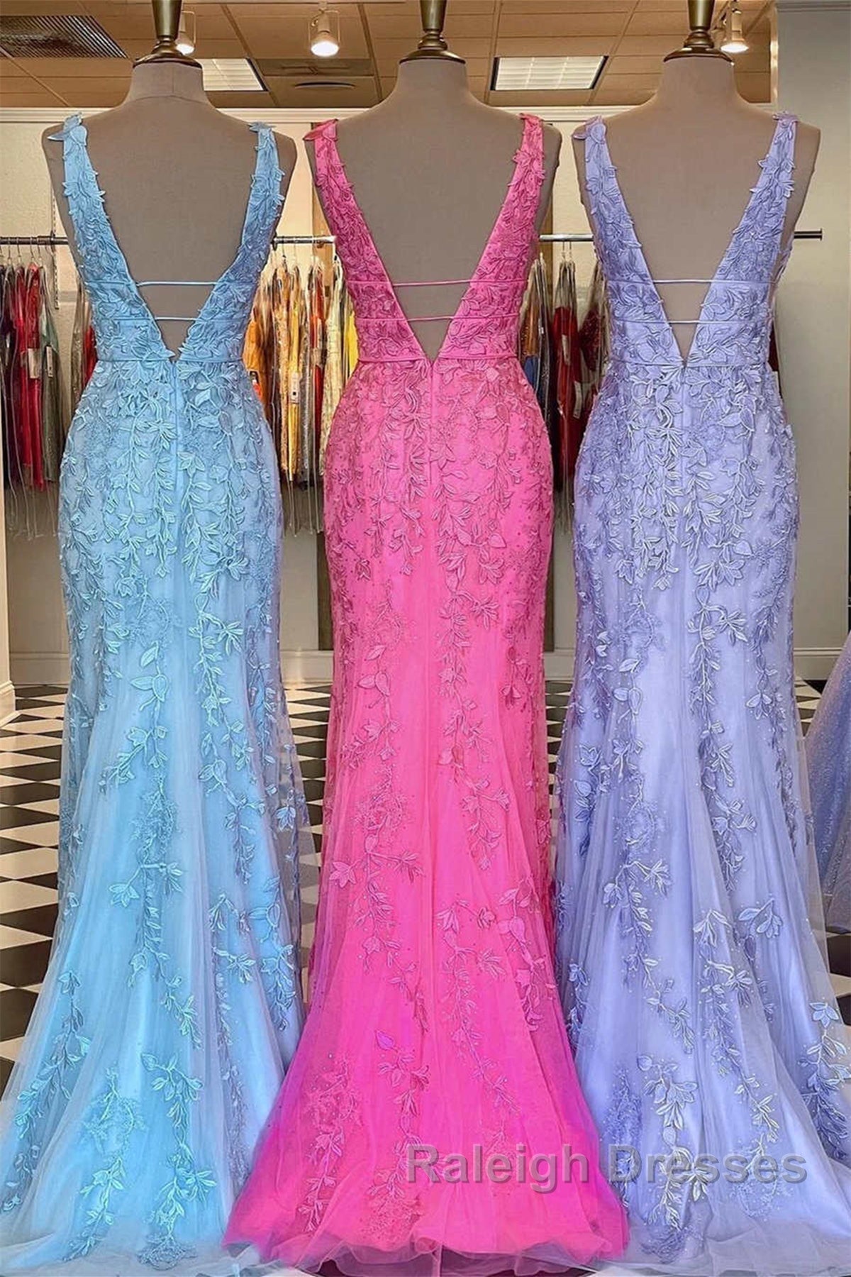 Mermaid V Neck Open Back Lace Long Prom Dresses Mermaid Prom Dresses Secondary image