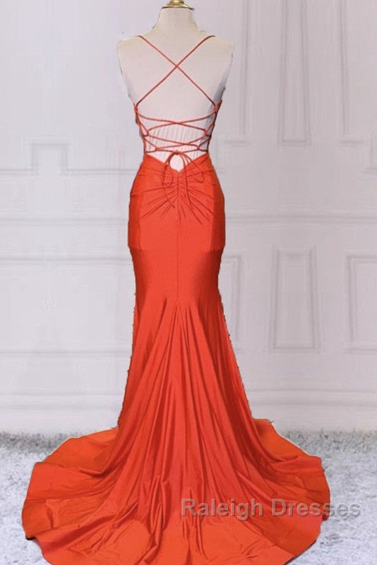 Mermaid V Neck Orange Prom Dresses Spaghetti Straps