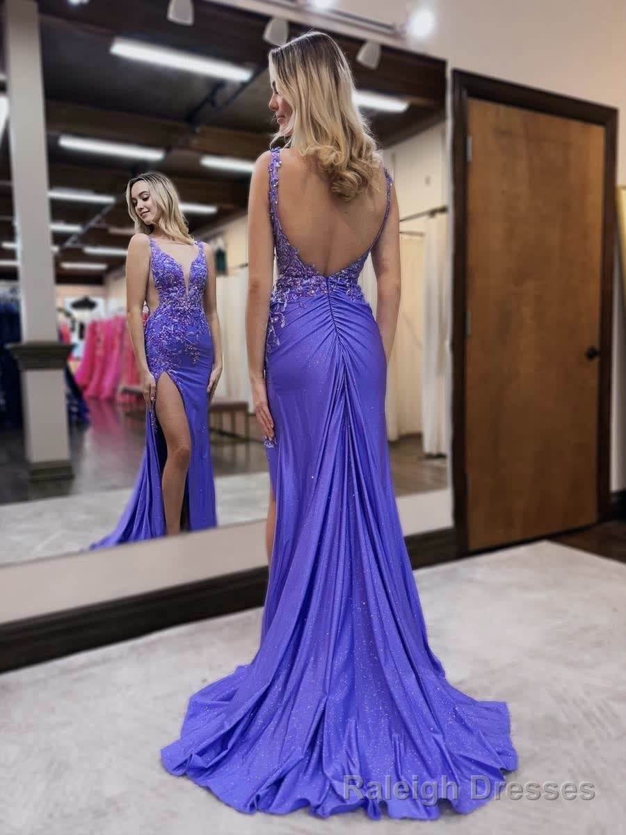 Mermaid V Neck Purple Satin Long Prom Dresses with Beading