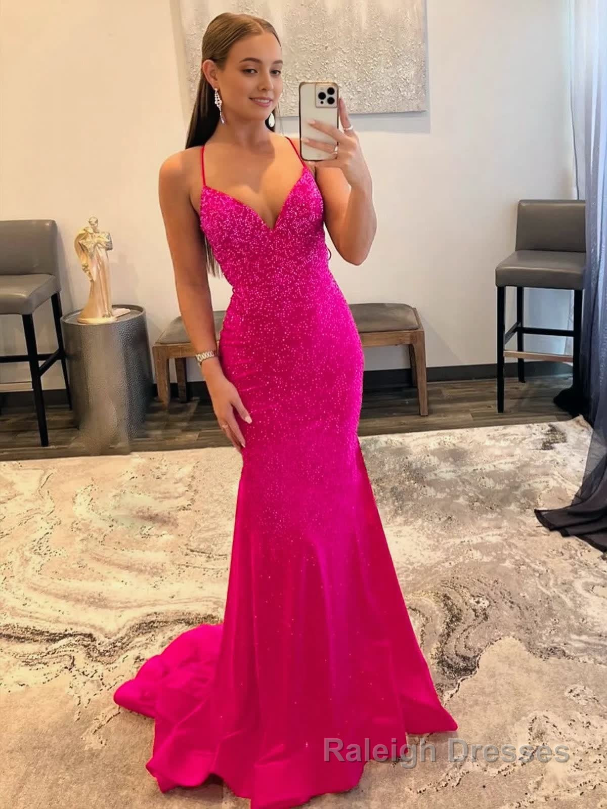 Mermaid V Neck Red Glitter Satin Prom Dress