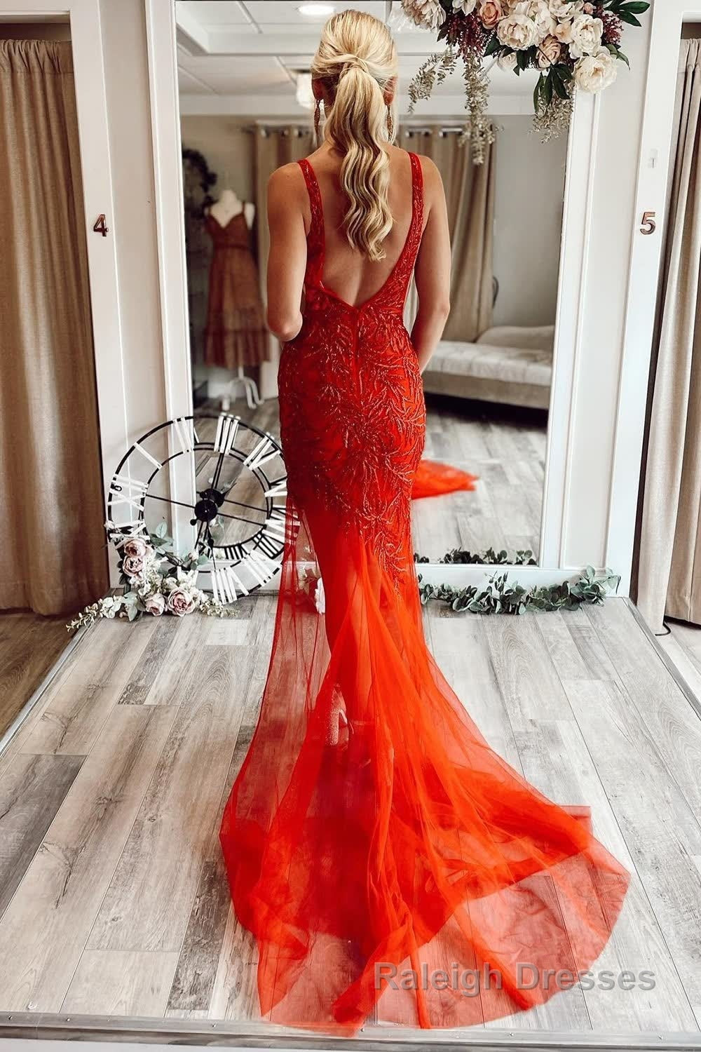 Mermaid V Neck Red Long Prom Dress with Embroidery Secondary image