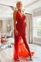 Mermaid V Neck Red Long Prom Dress with Embroidery