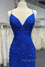 Mermaid V Neck Royal Blue Beade Applique Tulle Long Prom Dresseses