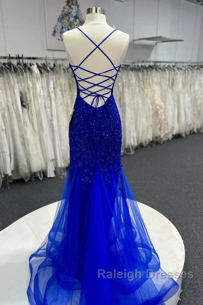 Mermaid V Neck Royal Blue Beade Applique Tulle Long Prom Dresseses
