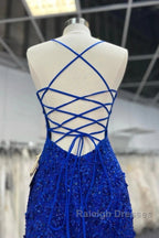 Mermaid V Neck Royal Blue Beade Applique Tulle Long Prom Dress, Evening Dress