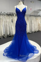 Mermaid V Neck Royal Blue Beade Applique Tulle Long Prom Dresseses
