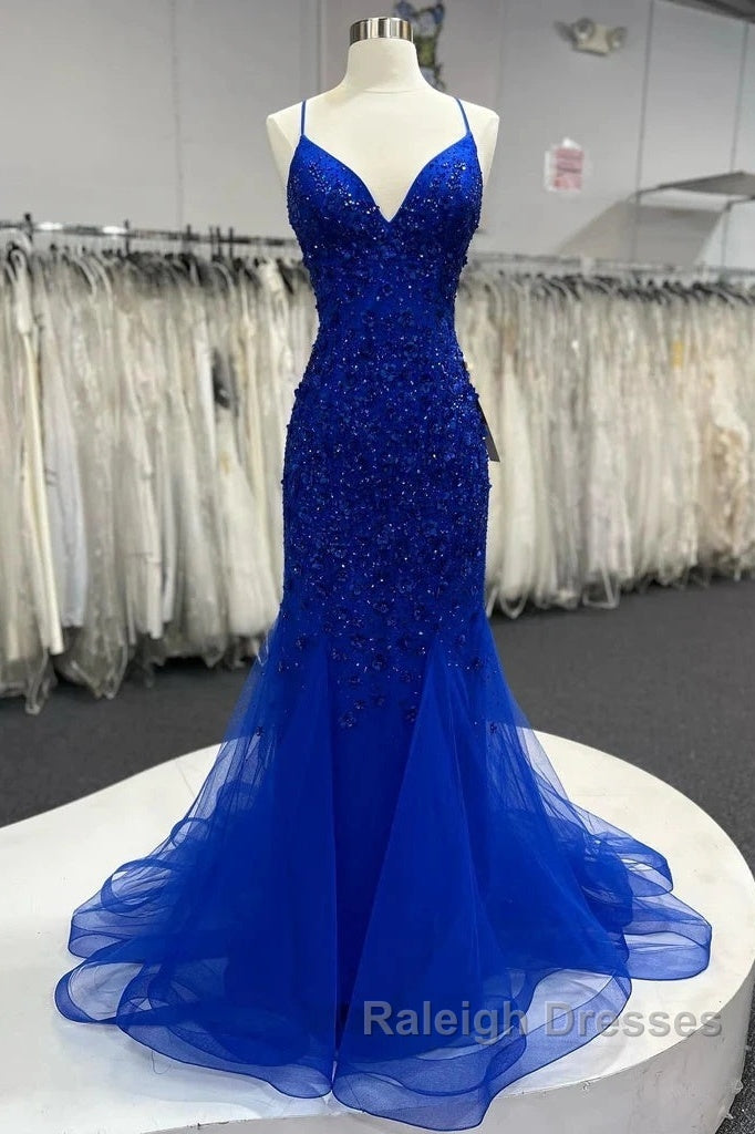Mermaid V Neck Royal Blue Beade Applique Tulle Long Prom Dresseses