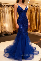 Mermaid V Neck Royal Blue Beade Applique Tulle Long Prom Dress, Evening Dress