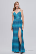 Mermaid V-Neck Ruched Long Prom Dresses with Slit