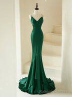 Mermaid V Neck Satin Green Long Prom Dress, Green Long Prom Dress