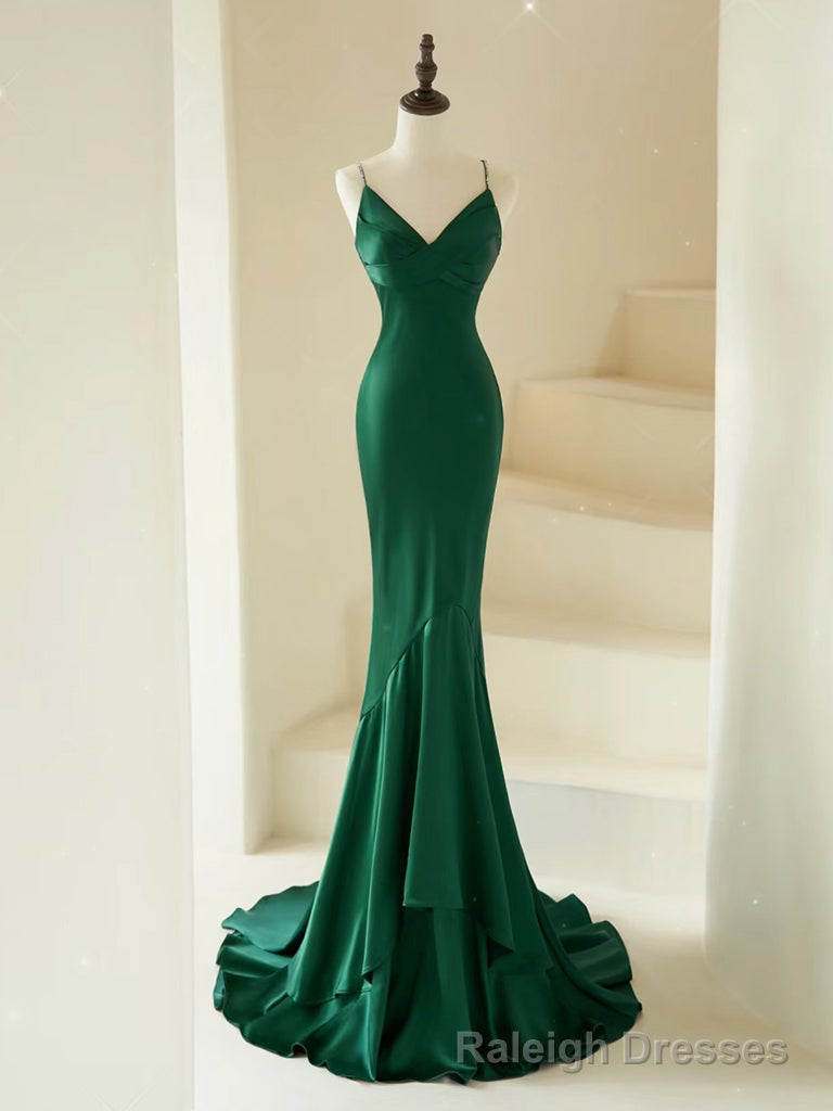 Mermaid V Neck Satin Green Long Prom Dress, Green Long Evening Dress Main image