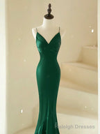 Mermaid V Neck Satin Green Long Prom Dress, Green Satin Long Formal Dress