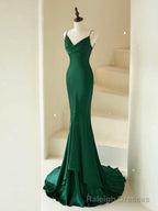 Mermaid V Neck Satin Green Long Prom Dress, Green Satin Long Formal Dress