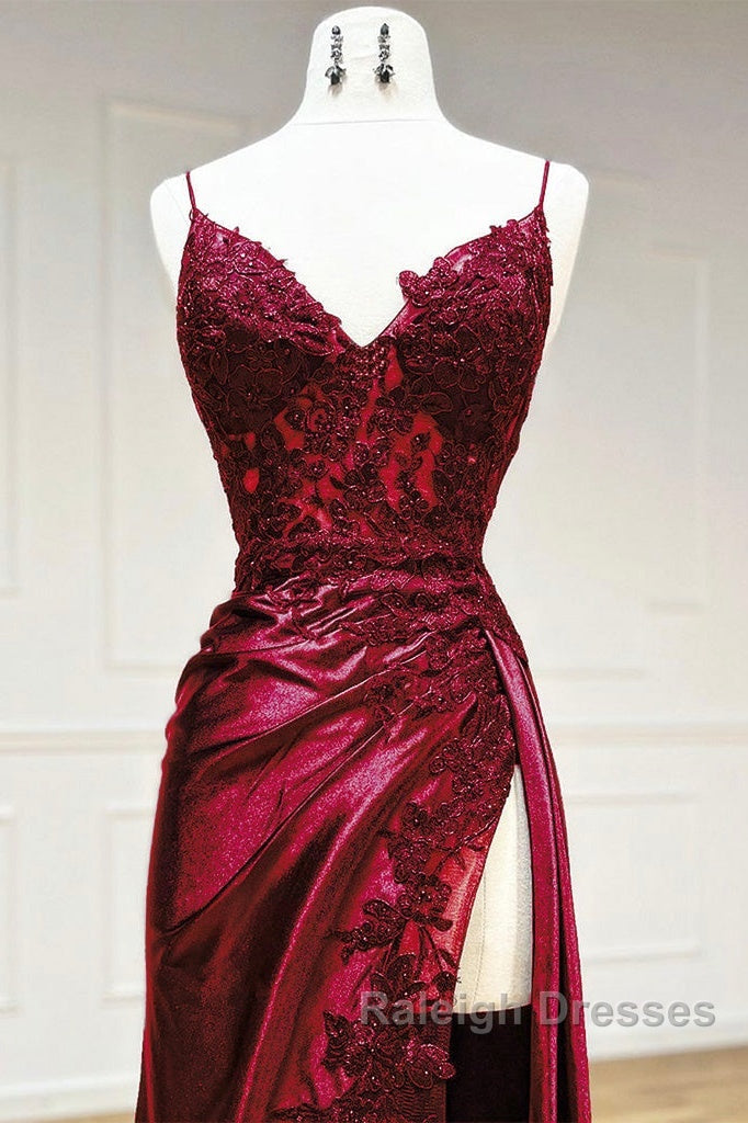 Mermaid V Neck Satin Lace Burgundy Long Prom Dresses Burgundy Long Prom Dresses