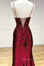 Mermaid V Neck Satin Lace Burgundy Long Prom Dress, Burgundy Long Formal Dress