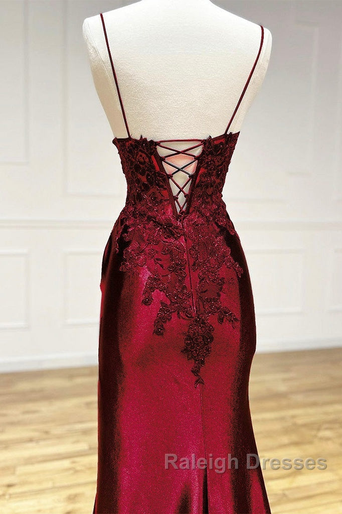 Mermaid V Neck Satin Lace Burgundy Long Prom Dress, Burgundy Long Formal Dress