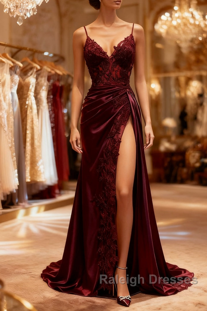 Mermaid V Neck Satin Lace Burgundy Long Prom Dress, Burgundy Long Formal Dress Main image
