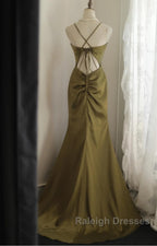 Mermaid V-Neck Satin Prom Dresses Long Elegant Spaghetti Strap Prom Dresses