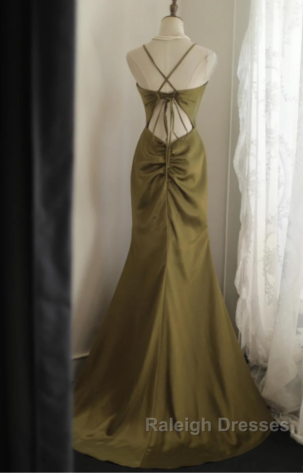 Mermaid V-Neck Satin Prom Dresses Long Elegant Spaghetti Strap Prom Dresses