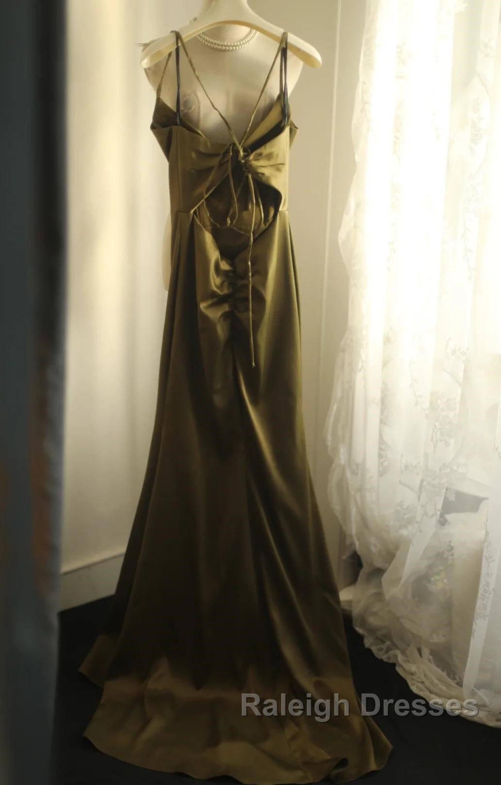 Mermaid V-Neck Satin Prom Dresses Long Elegant Spaghetti Strap Prom Dresses
