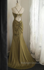 Mermaid V-Neck Satin Prom Dresses Long Elegant Spaghetti Strap Prom Dresses