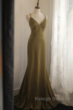 Mermaid V-Neck Satin Long Prom Dress Elegant Spaghetti Strap Formal Dress