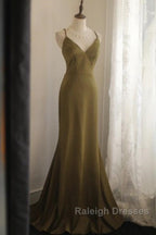Mermaid V-Neck Satin Prom Dresses Long Elegant Spaghetti Strap Prom Dresses