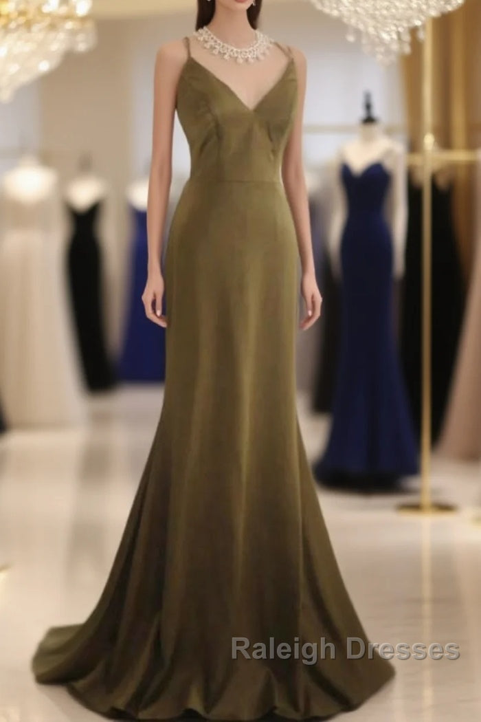 Mermaid V-Neck Satin Prom Dresses Long Elegant Spaghetti Strap Prom Dresses Main image