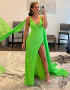 Mermaid V Neck Sequin Prom Dress with Slit