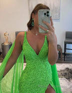 Mermaid V Neck Sequin Prom Dress with Slit
