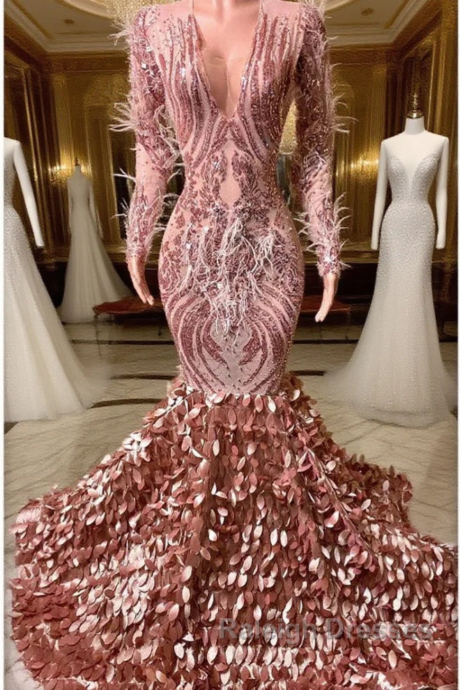 Mermaid V-neck Sequined Floor-length Long Sleeve Lace Prom Dress With Feather