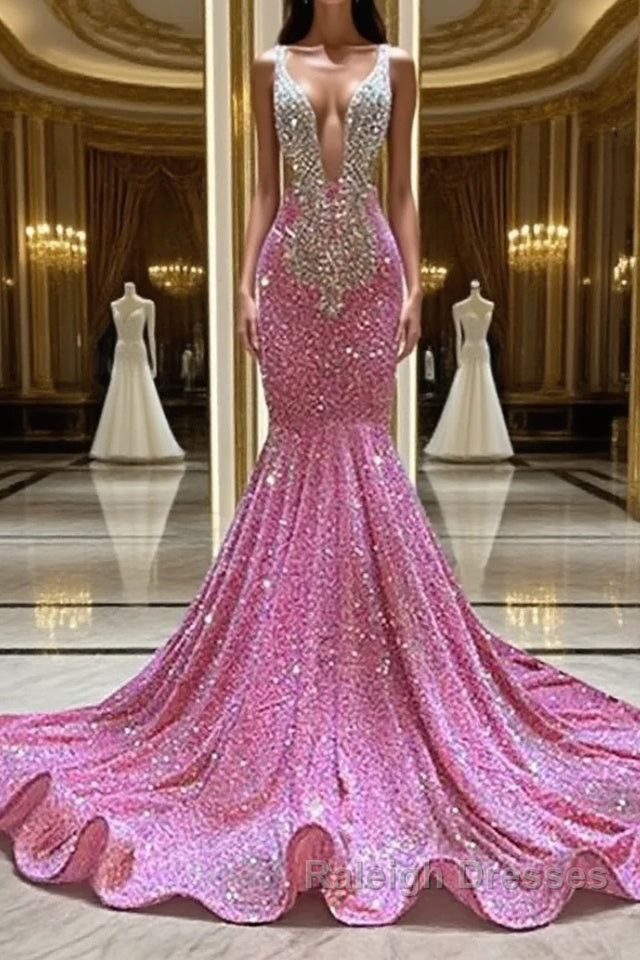 Mermaid V-neck Sequined Floor-length Sleeveless Prom Dress Main image
