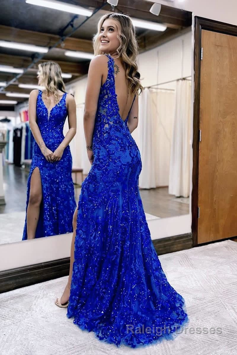 Mermaid V Neck Sequined Lace Prom Dress with Slit Secondary image