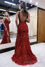 Mermaid V Neck Sequined Lace Prom Dress with Slit