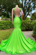 Mermaid V Neck Sequined Open Back Floor Length Sleeveless Lace Beading Prom Dresses