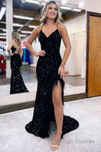 Mermaid V Neck Sequins Long Prom Dress with Slit