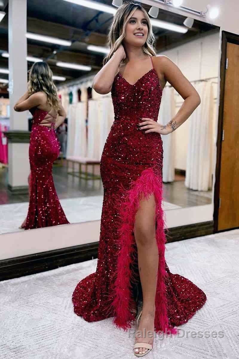 Mermaid V Neck Sequins Long Prom Dress with Slit