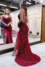 Mermaid V Neck Sequins Long Prom Dress with Slit