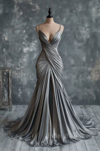 Mermaid V Neck Silver Spaghetti Straps Satin Long Prom Dress Sexy Evening Dress