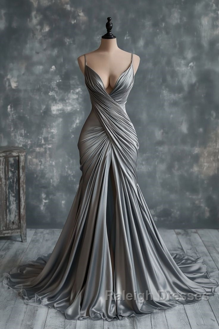 Mermaid V Neck Silver Spaghetti Straps Satin Long Prom Dress Sexy Evening Dress